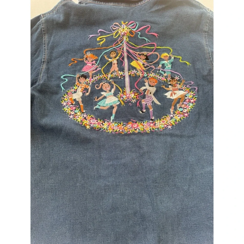 VTG Y2K Bob Mackie Wearable Art Embroidered Maypole Denim Button Down‎ Sz Medium